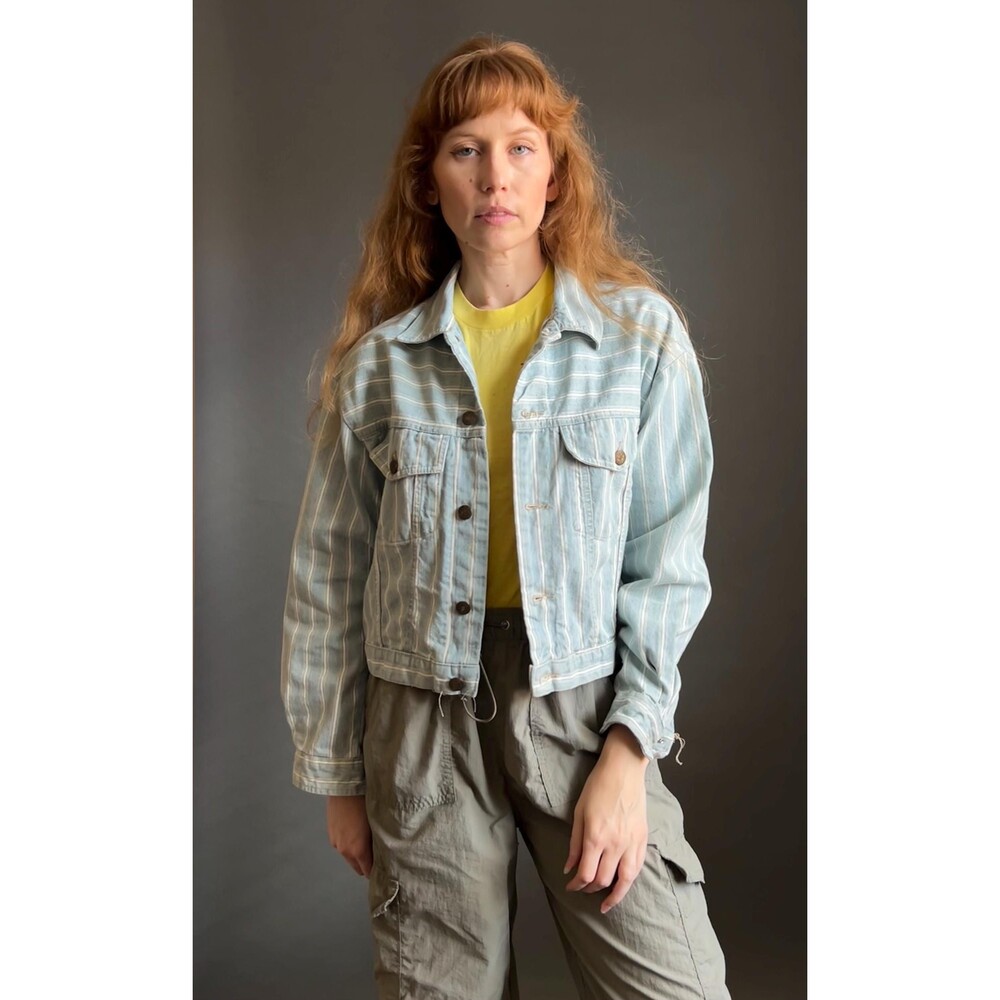 Vintage 1990s Blue Pin Stripe Boxy Cropped Jean Jacket, medium